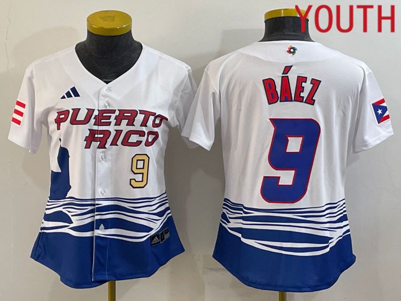 Youth 2023 World Cub Puerto Rico #9 Baez White MLB Jersey1